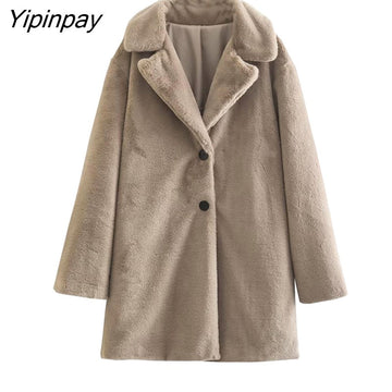 Yipinpay Winter Thicken Faux Fur Coat 2023 Fleece Solid Cardigan Jacket Female Coat Women Overcoat Casual Warm Plush Mujer Chaqueta